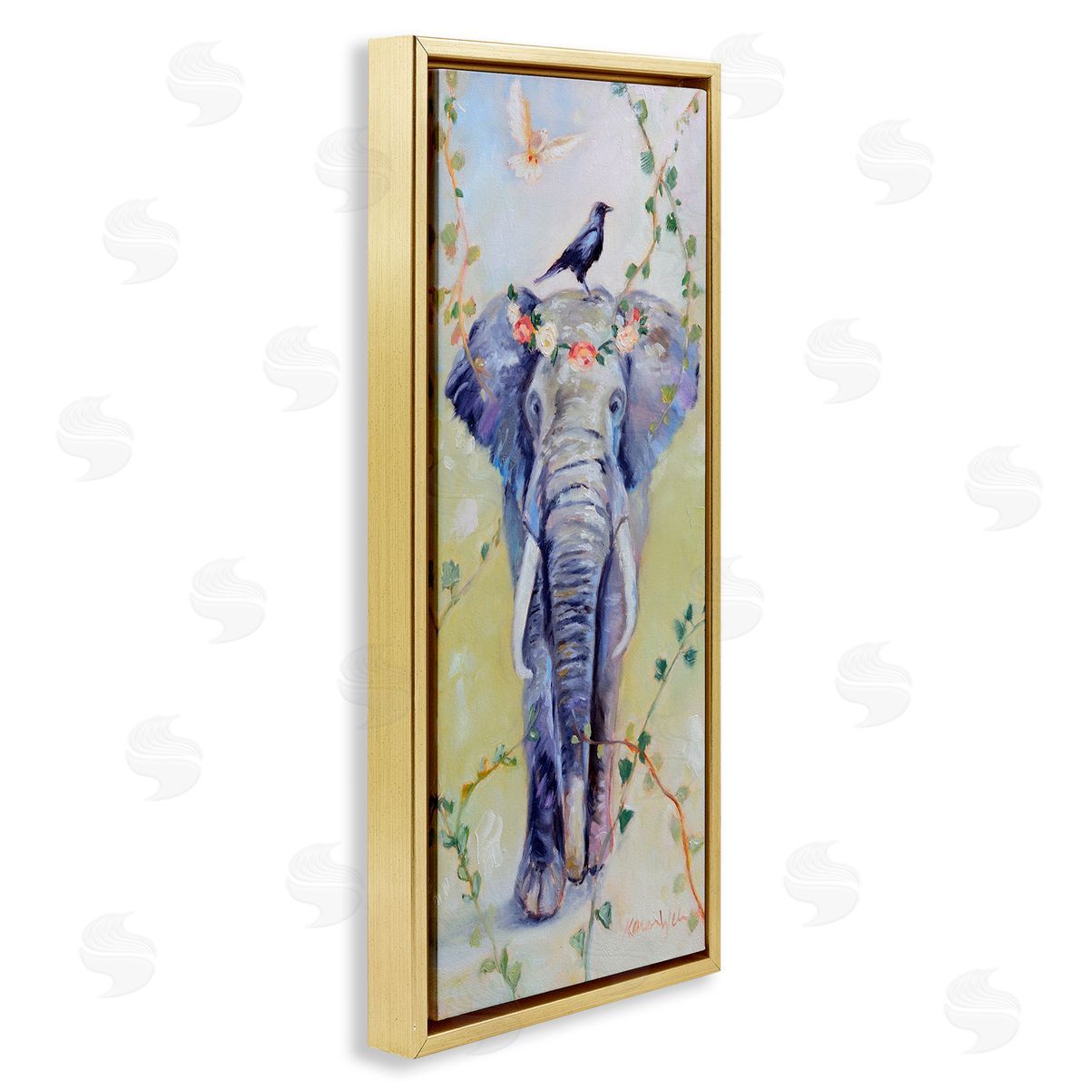 Bohemian Elephant with Green Vines Gold Floating Frame Canvas Wall Art, Home Decor by Karen Weber Fine Art