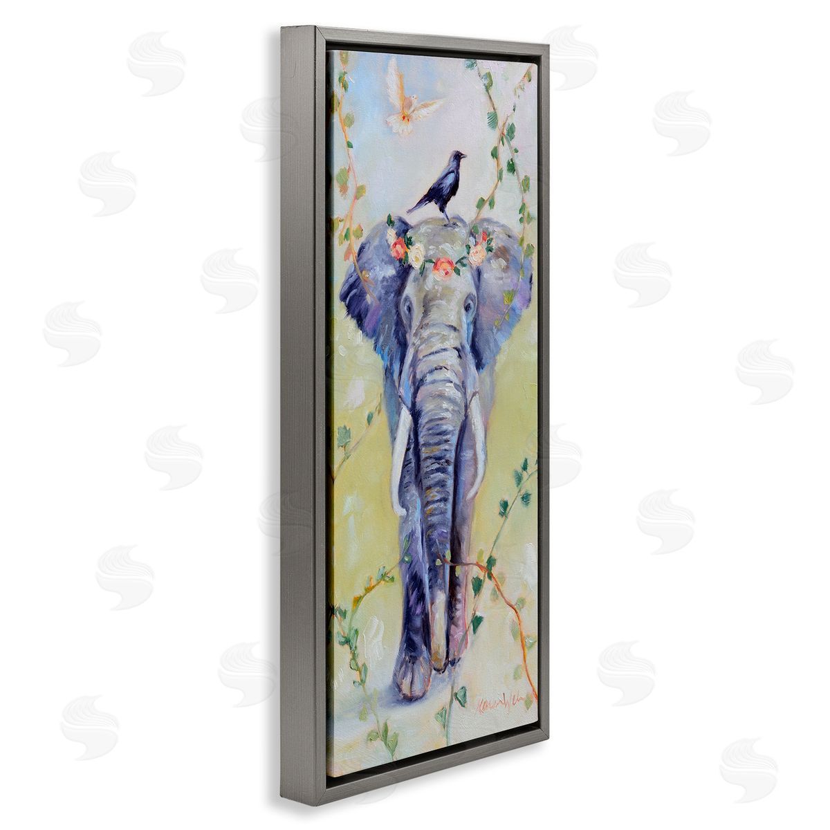 Bohemian Elephant with Green Vines Grey Floating Frame Canvas Wall Art, Home Decor by Karen Weber Fine Art