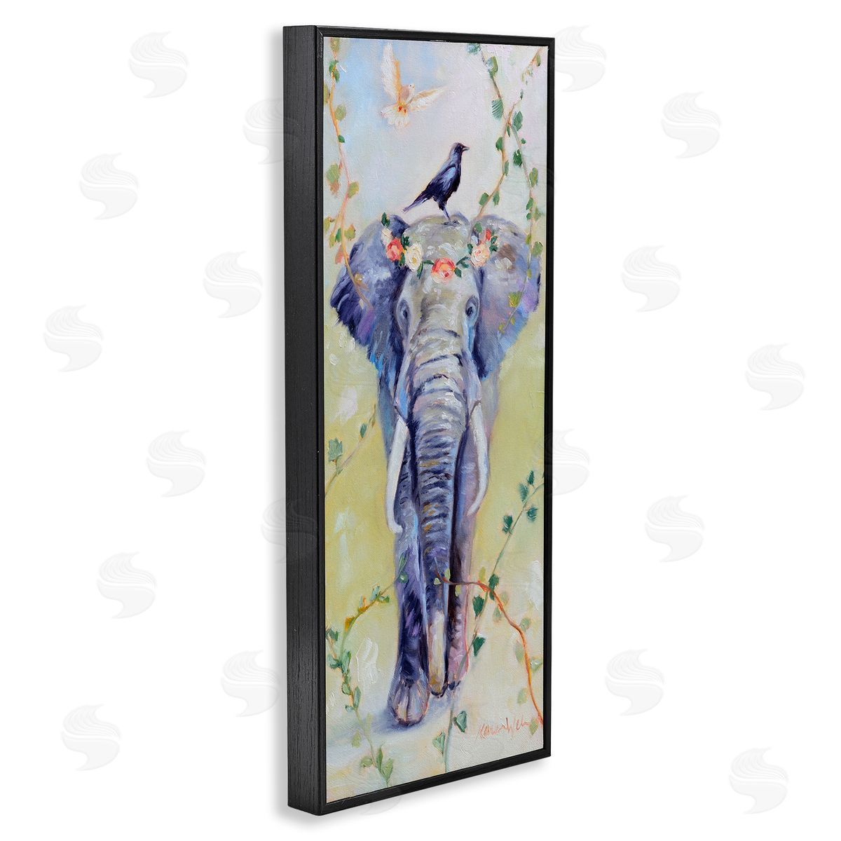 Bohemian Elephant with Green Vines Black Frame Print Wall Art, Home Decor by Karen Weber Fine Art
