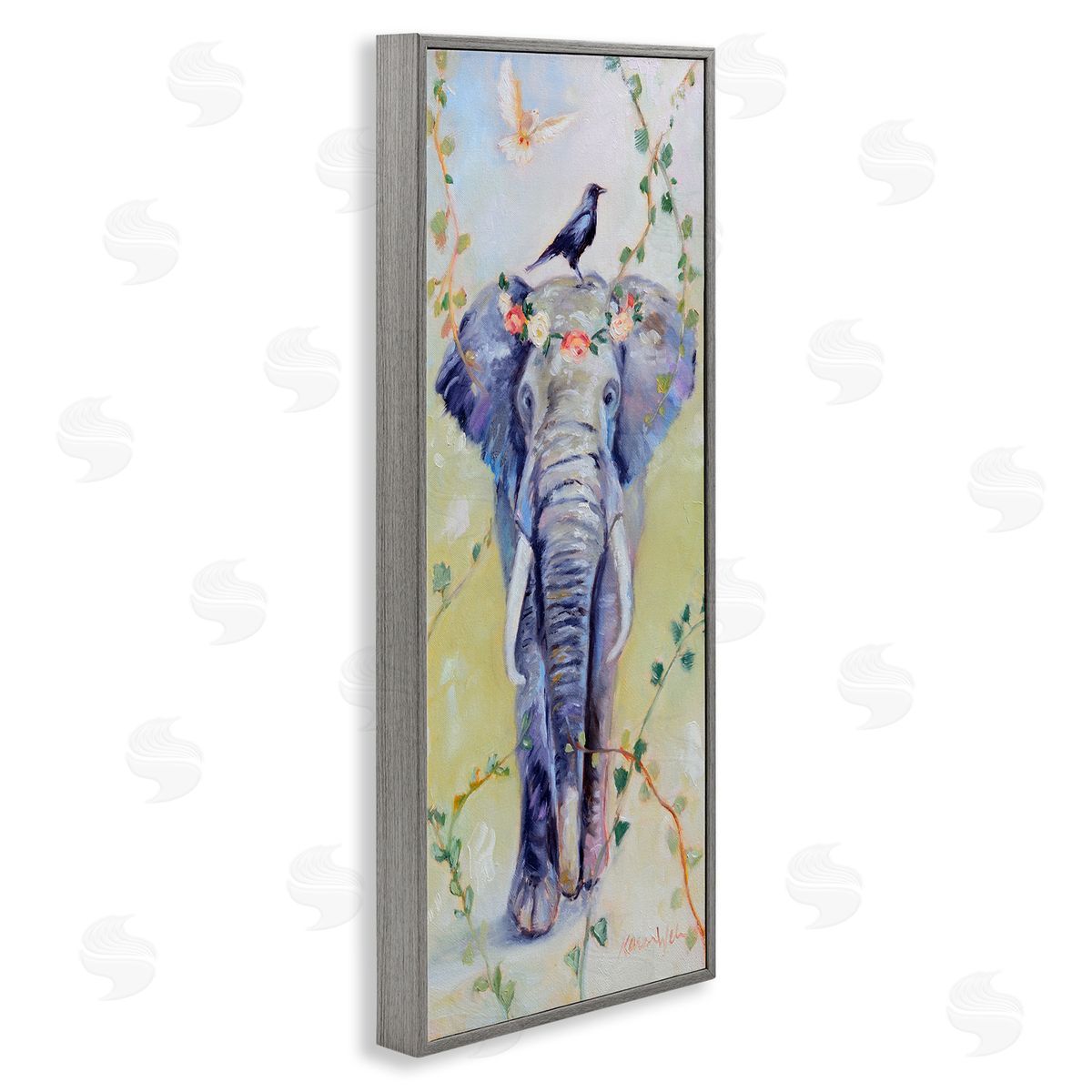 Bohemian Elephant with Green Vines Grey Frame Print Wall Art, Home Decor by Karen Weber Fine Art