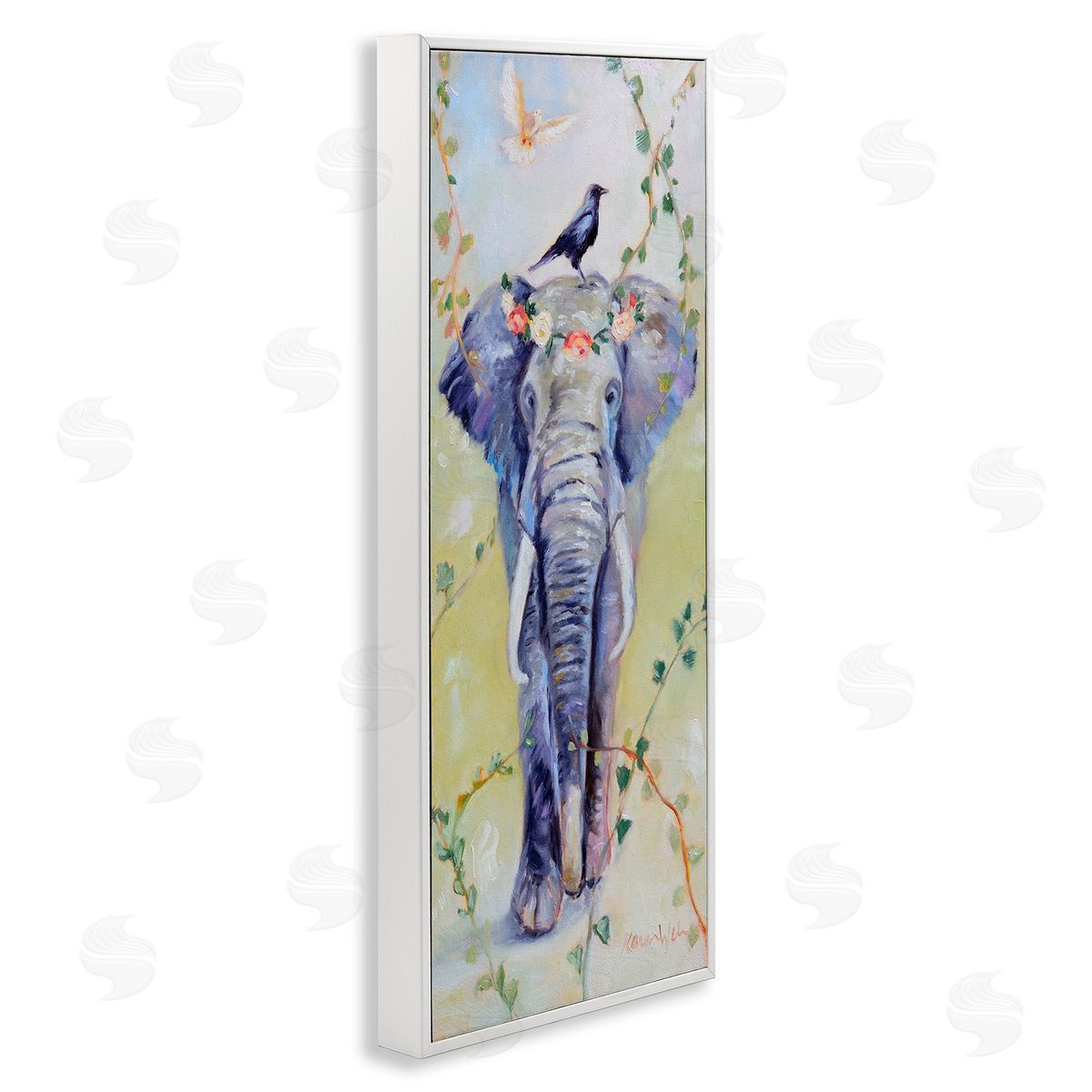 Bohemian Elephant with Green Vines White Frame Print Wall Art, Home Decor by Karen Weber Fine Art