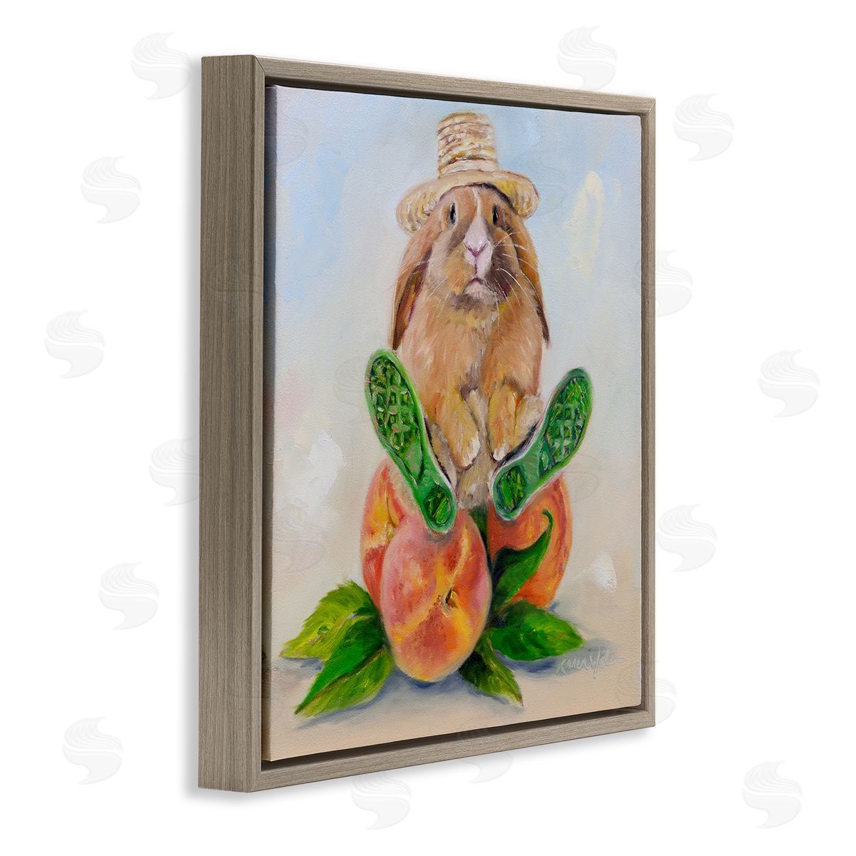 Karen Weber Fine Art Adorable Bunny Rabbit on Peach Brown Floater Frame Canvas Art