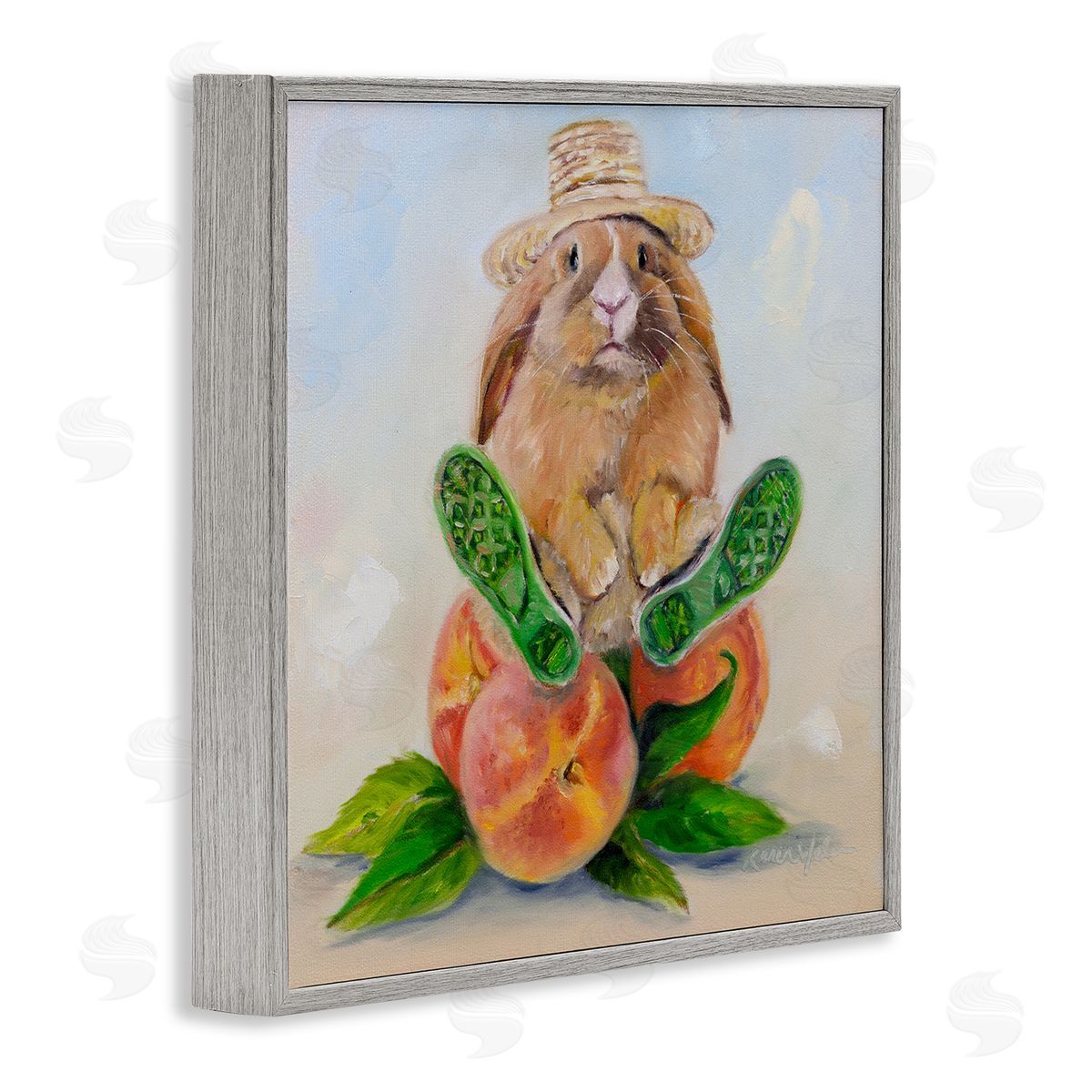 Karen Weber Fine Art Adorable Bunny Rabbit on Peach Gray Framed Giclee Wall Art