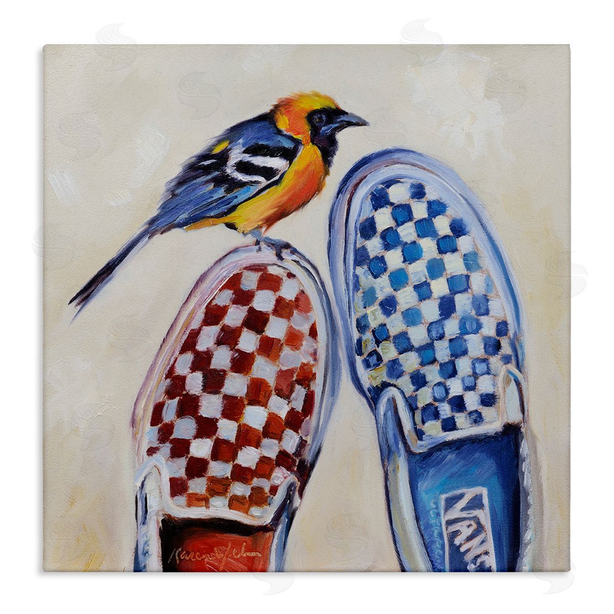 Karen Weber Fine Art Oriole Bird on Vintage Checkered Sneakers Canvas Wall Art