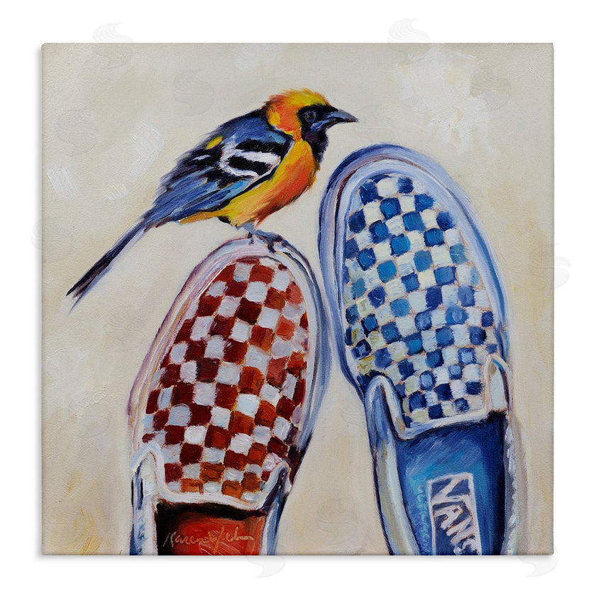 Karen Weber Fine Art | Oriole Bird on Vintage Checkered Sneakers