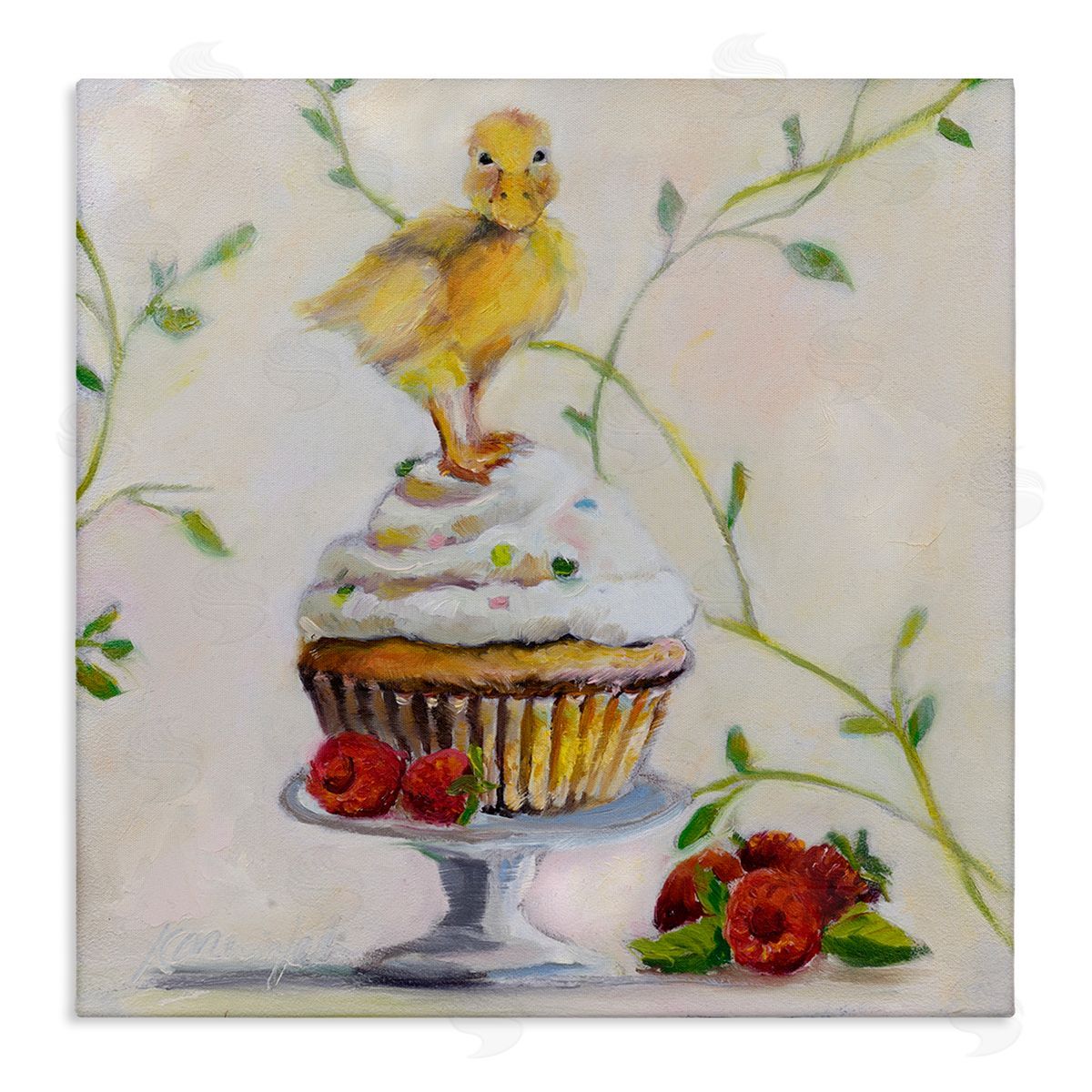 Baby Duck on Raspberry Cupcake Canvas Wall Art, Home Decor by Karen Weber Fine Art