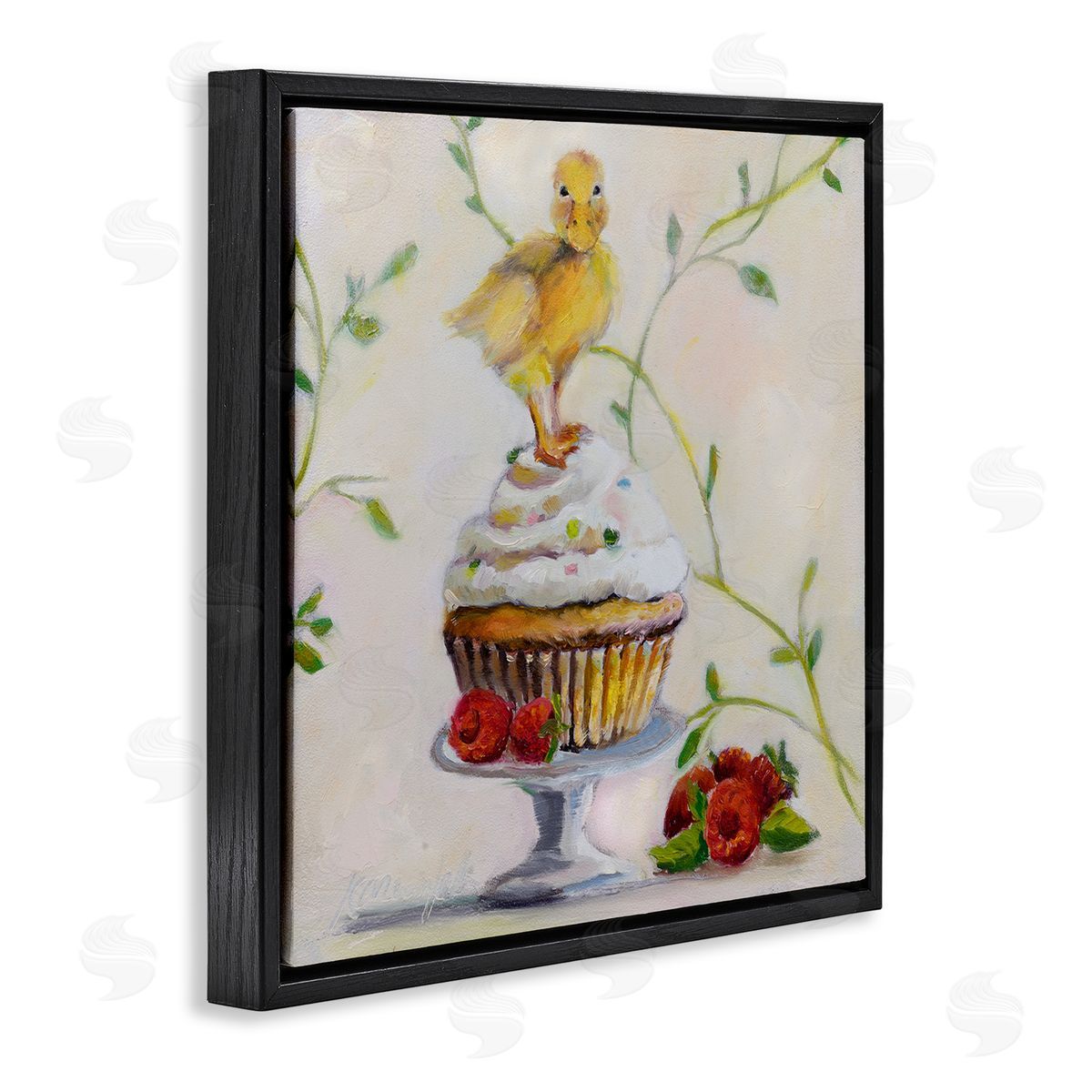 Baby Duck on Raspberry Cupcake Black Floating Frame Canvas Wall Art, Home Decor by Karen Weber Fine Art
