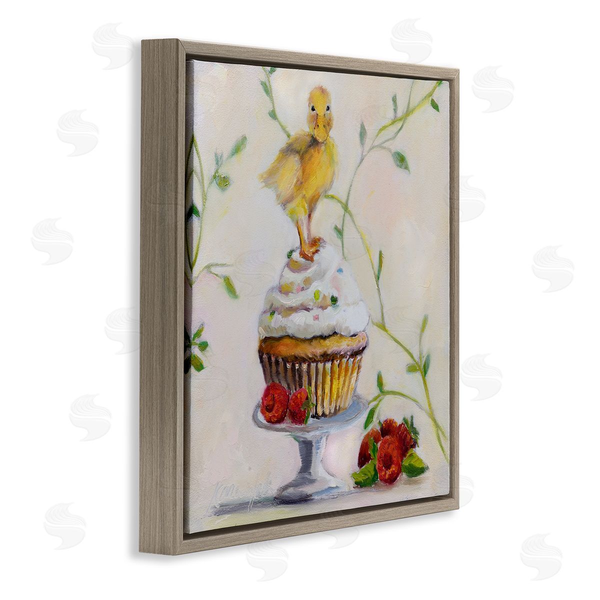 Baby Duck on Raspberry Cupcake Brown Floating Frame Canvas Wall Art, Home Decor by Karen Weber Fine Art