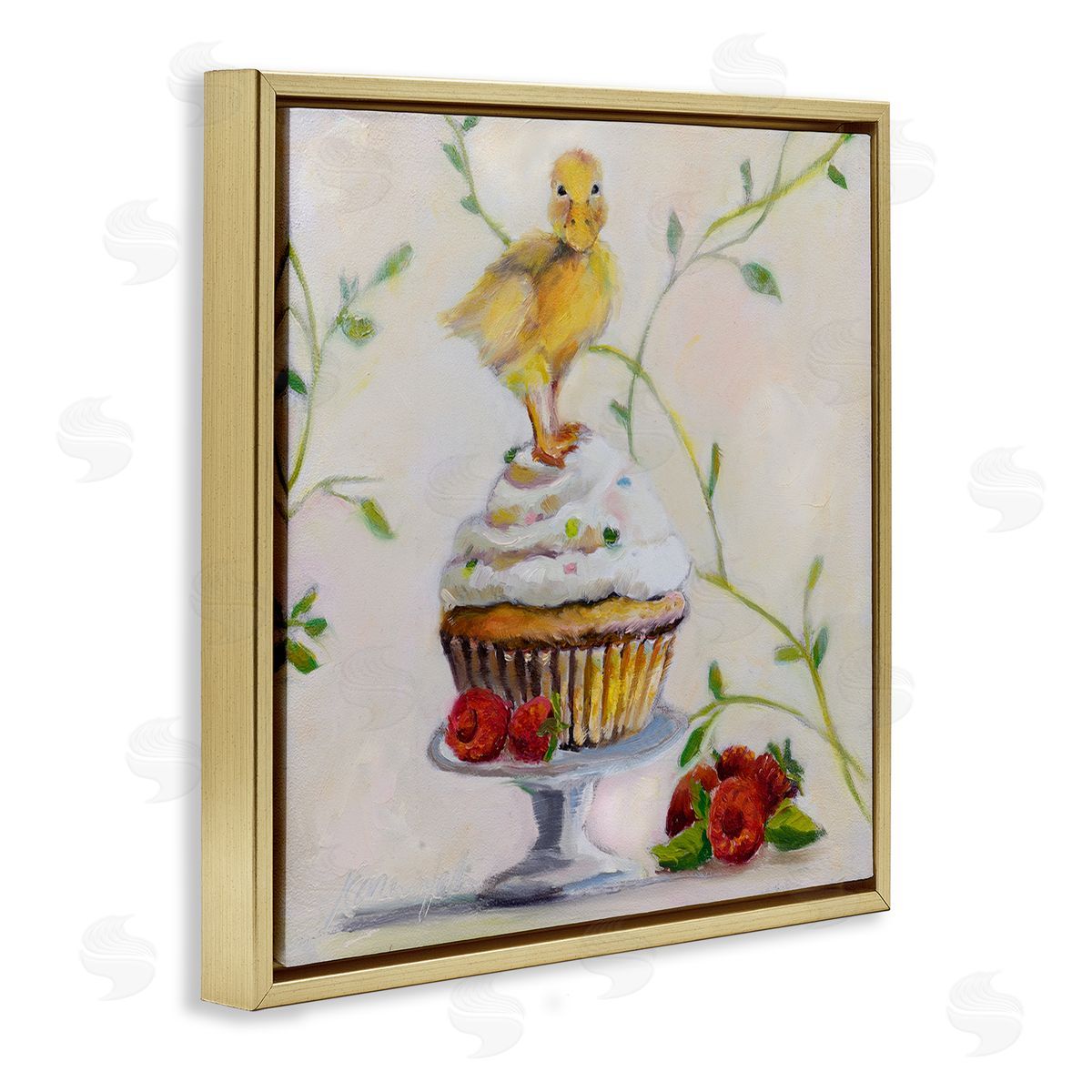 Baby Duck on Raspberry Cupcake Gold Floating Frame Canvas Wall Art, Home Decor by Karen Weber Fine Art