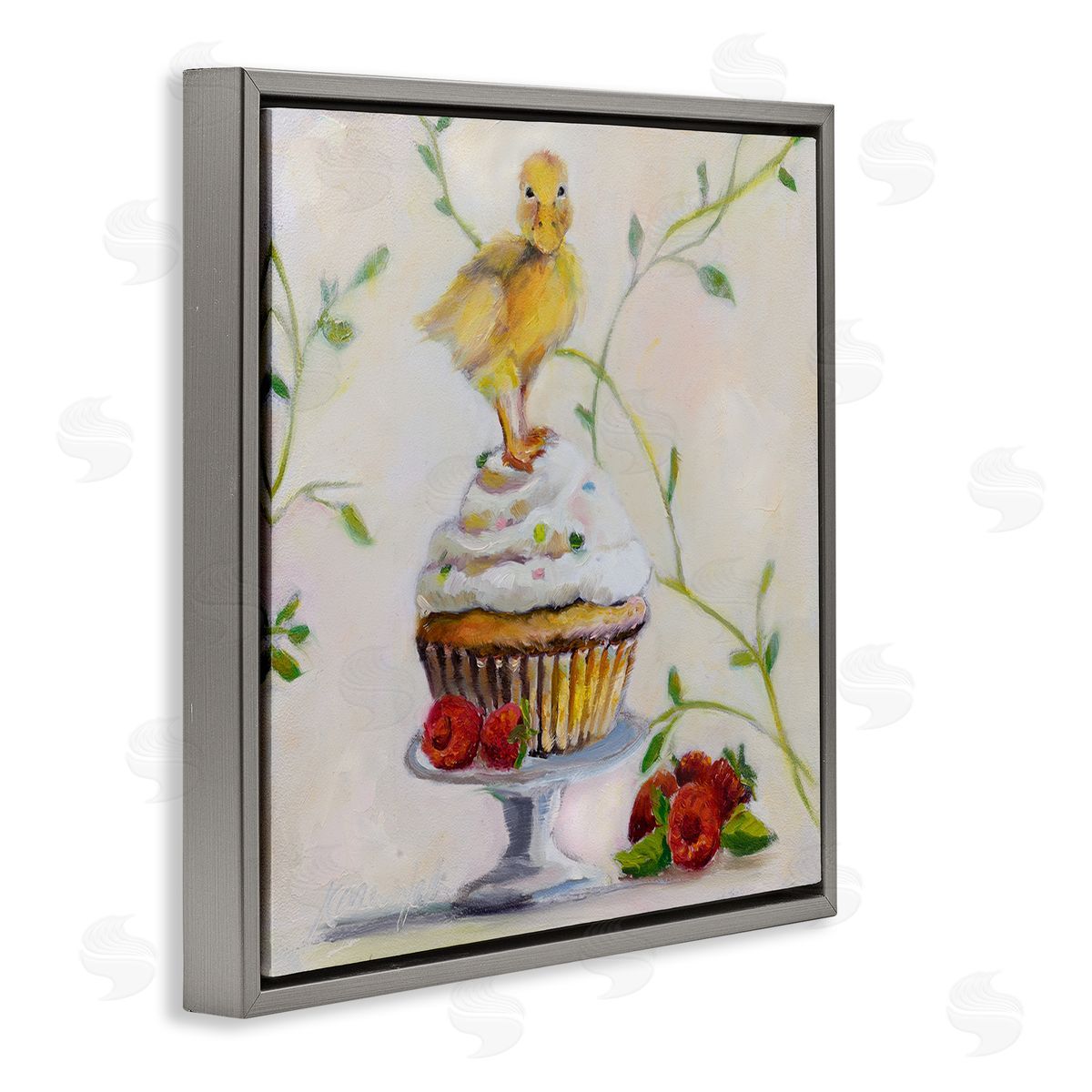 Baby Duck on Raspberry Cupcake Grey Floating Frame Canvas Wall Art, Home Decor by Karen Weber Fine Art