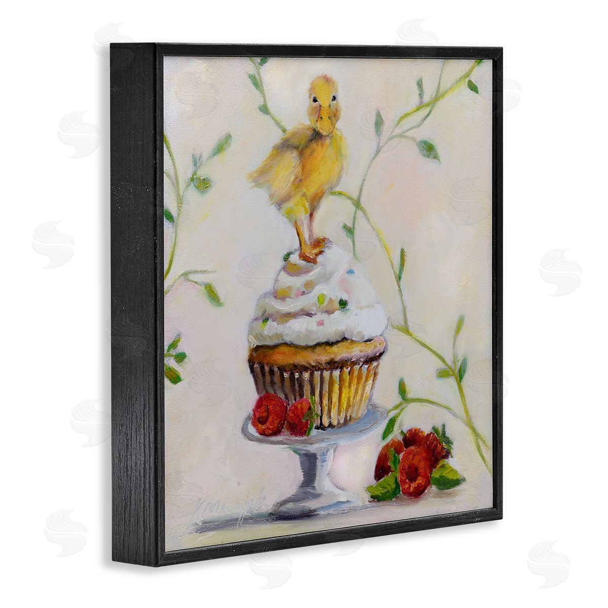Baby Duck on Raspberry Cupcake Black Frame Print Wall Art, Home Decor by Karen Weber Fine Art