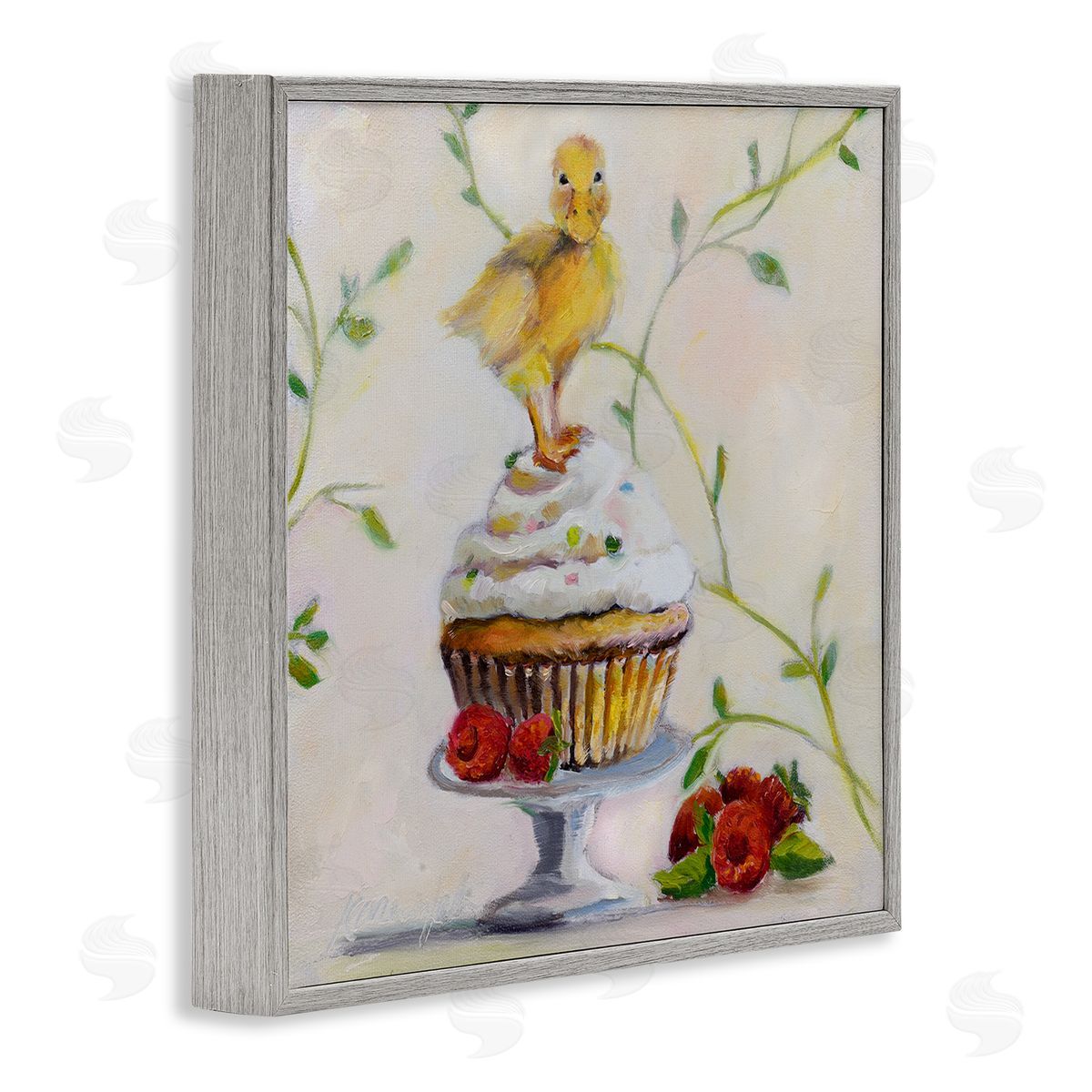 Baby Duck on Raspberry Cupcake Grey Frame Print Wall Art, Home Decor by Karen Weber Fine Art