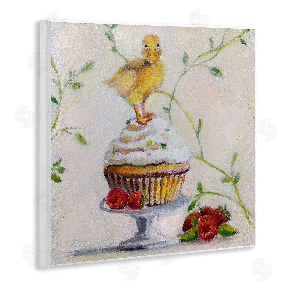 Baby Duck on Raspberry Cupcake Wood Plaque Wall Art, Home Decor by Karen Weber Fine Art