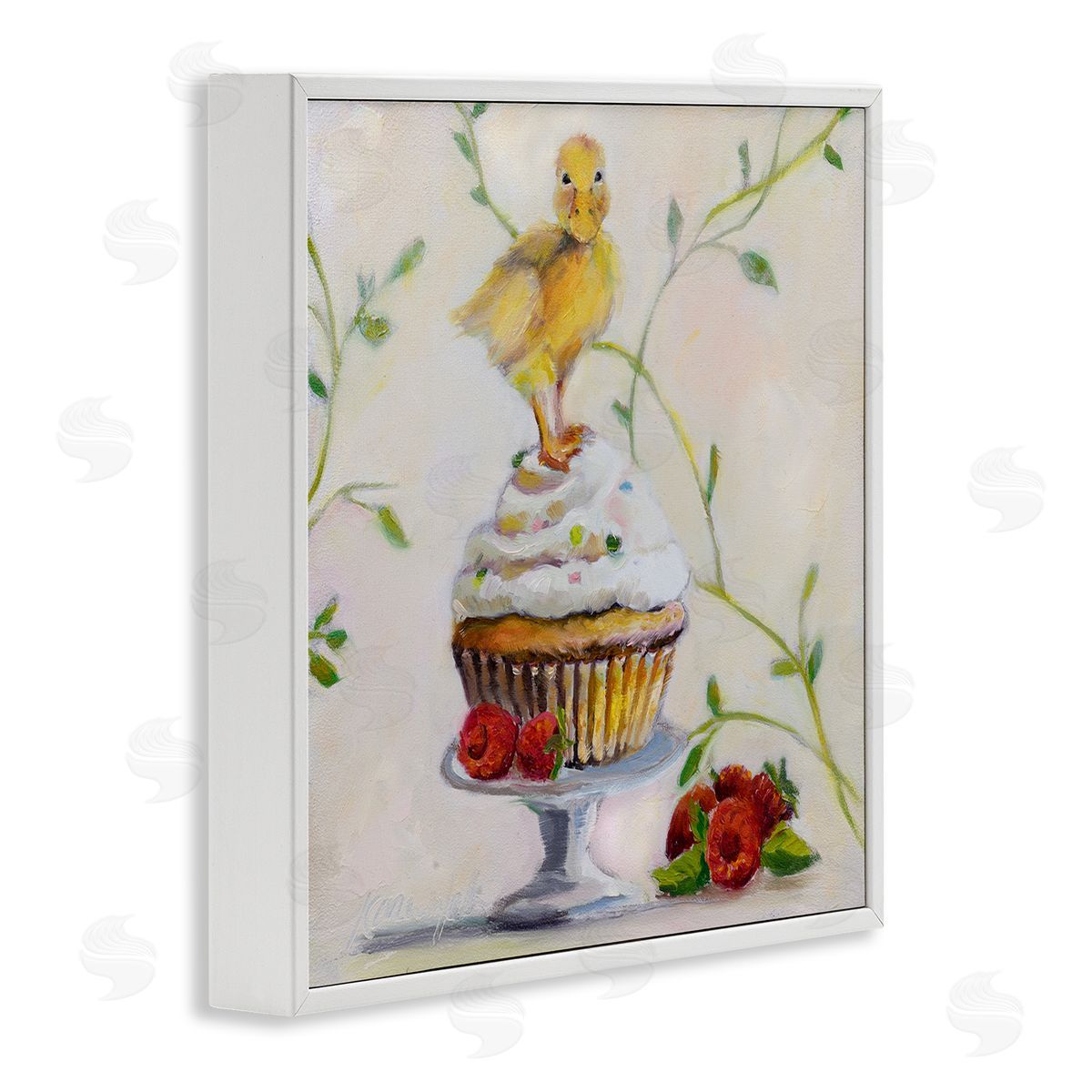 Baby Duck on Raspberry Cupcake White Frame Print Wall Art, Home Decor by Karen Weber Fine Art