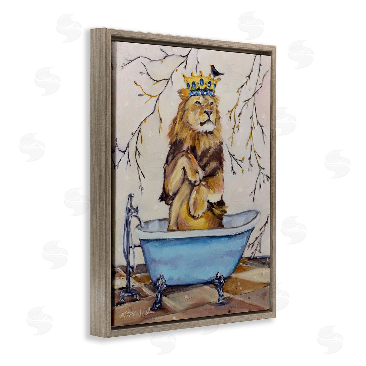 Karen Weber Fine Art Regal Lion in Blue Claw Bath  Brown Floater Frame Canvas Art