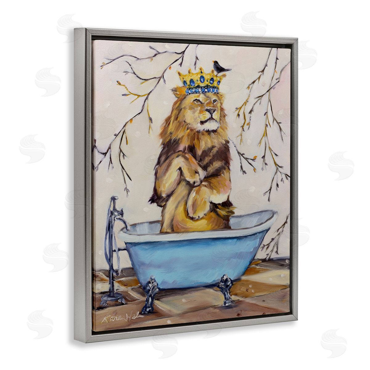 Karen Weber Fine Art Regal Lion in Blue Claw Bath  Gray Floater Frame Canvas Art