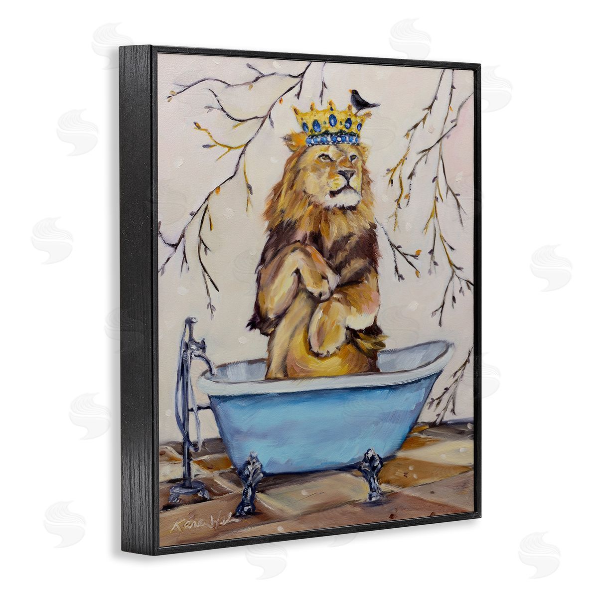 Karen Weber Fine Art Regal Lion in Blue Claw Bath  Black Framed Giclee Wall Art