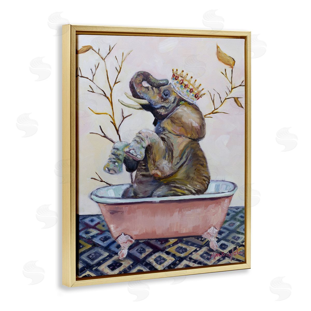 Karen Weber Fine Art Regal Elephant with Pink Bath Tub Gold Floater Frame Canvas Art