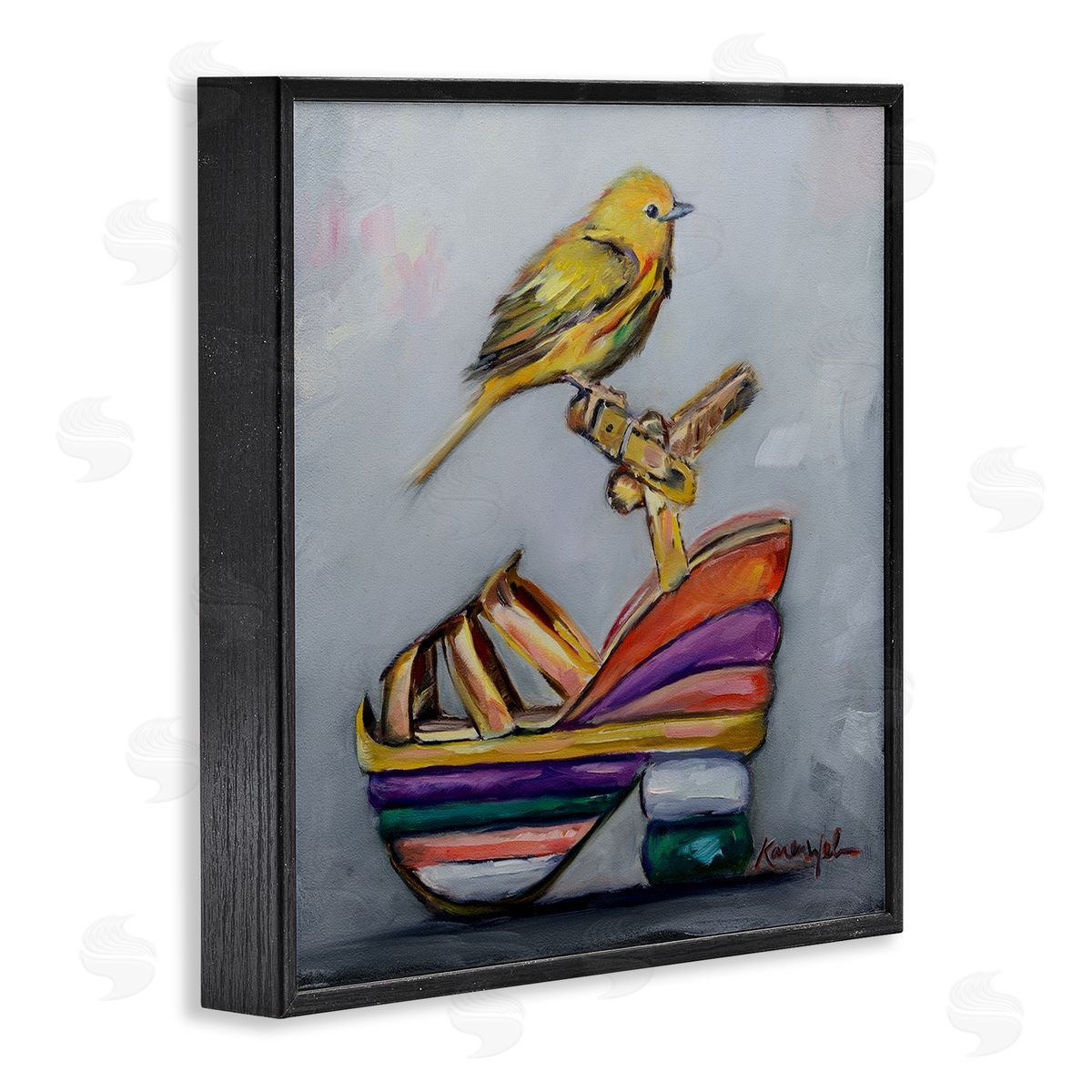 Karen Weber Fine Art Multi-Color Shoe with Yellow Warbler Black Framed Giclee Wall Art