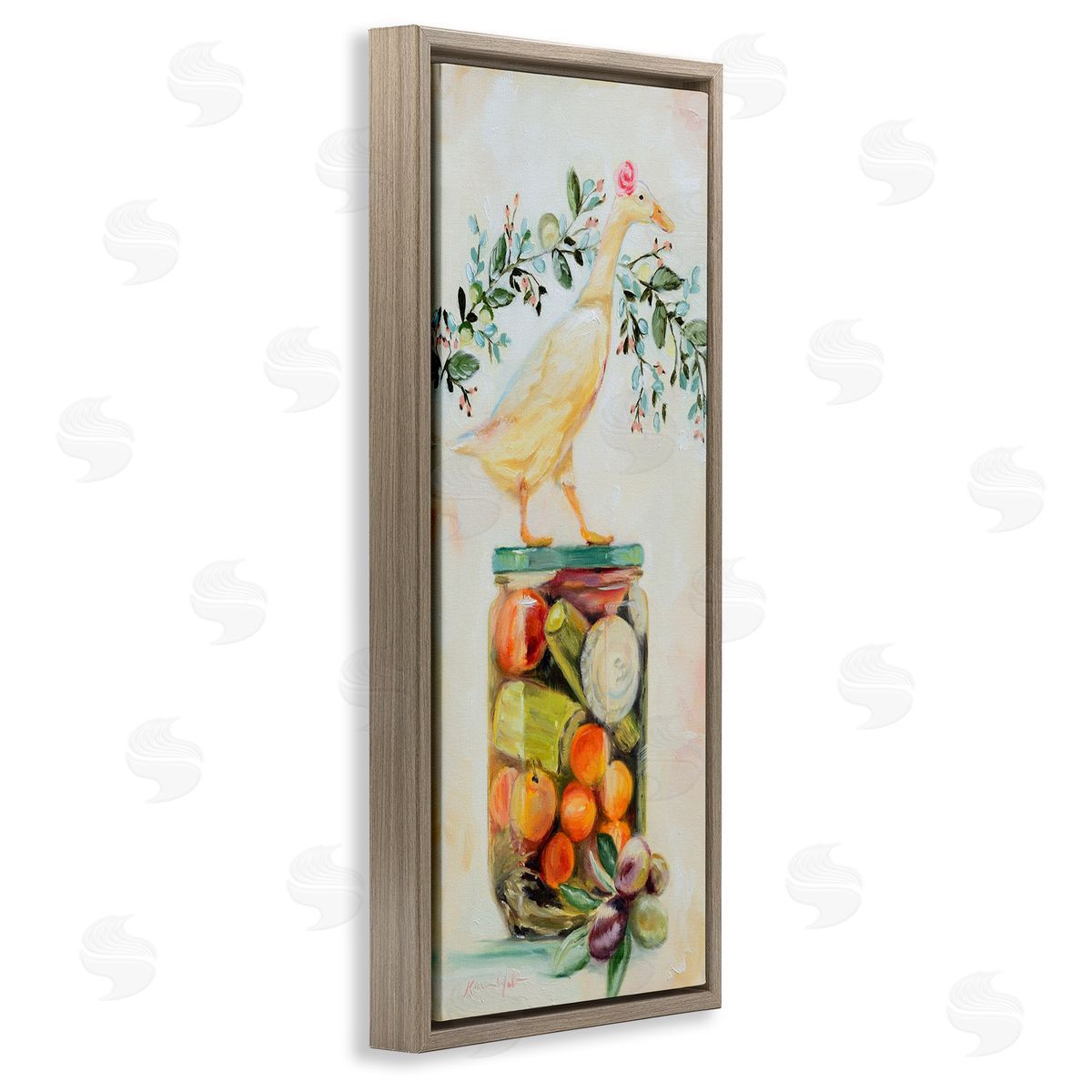 Charming Goose on Vegetable Jar Brown Floating Frame Canvas Wall Art, Home Decor by Karen Weber Fine Art