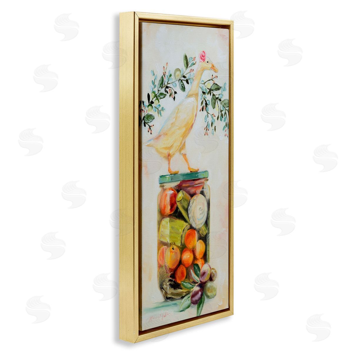 Charming Goose on Vegetable Jar Gold Floating Frame Canvas Wall Art, Home Decor by Karen Weber Fine Art