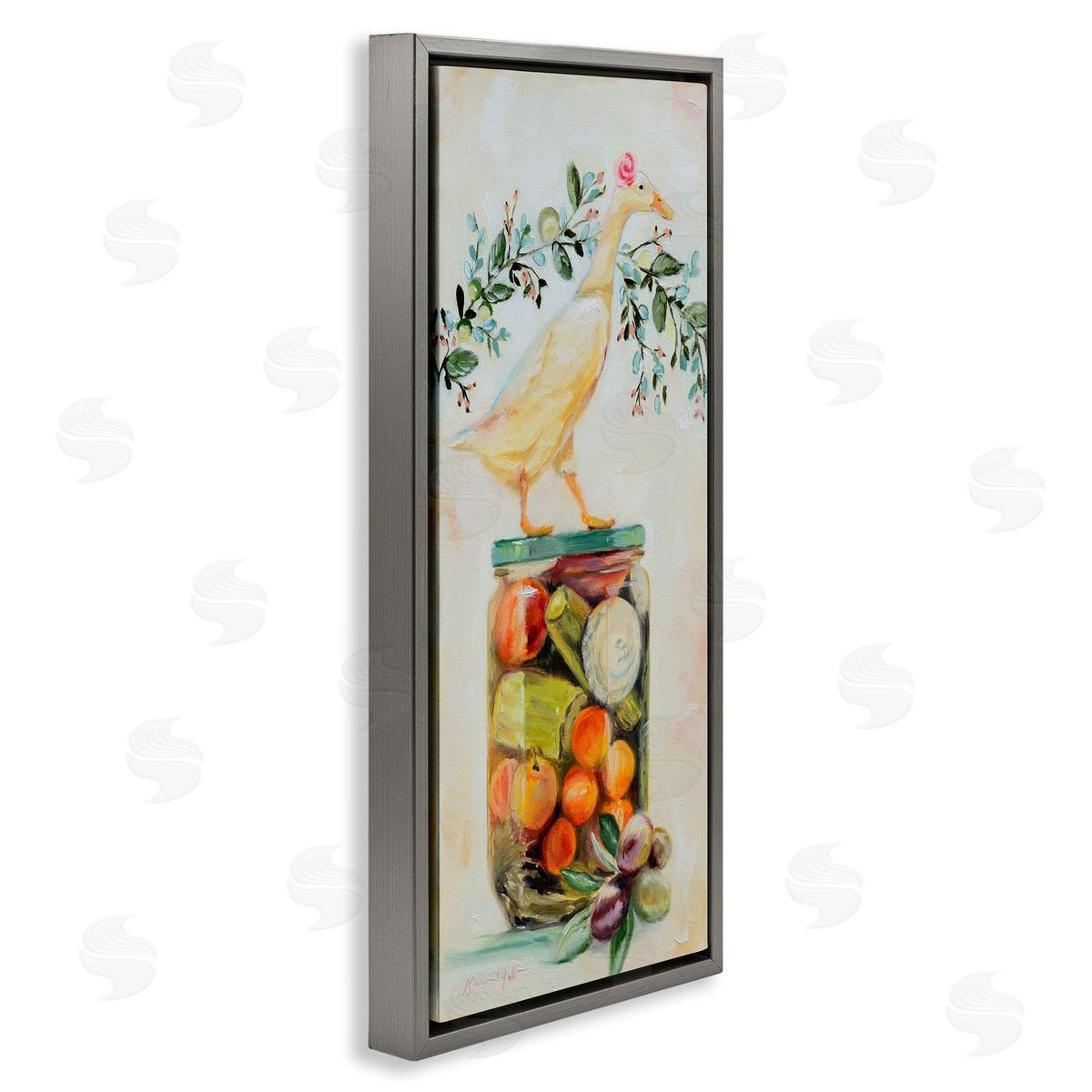 Charming Goose on Vegetable Jar Grey Floating Frame Canvas Wall Art, Home Decor by Karen Weber Fine Art