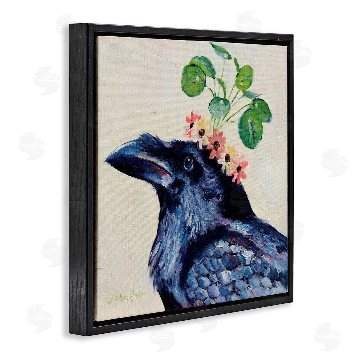 Karen Weber Fine Art Black Crow with Floral Crown Black Floater Frame Canvas Art