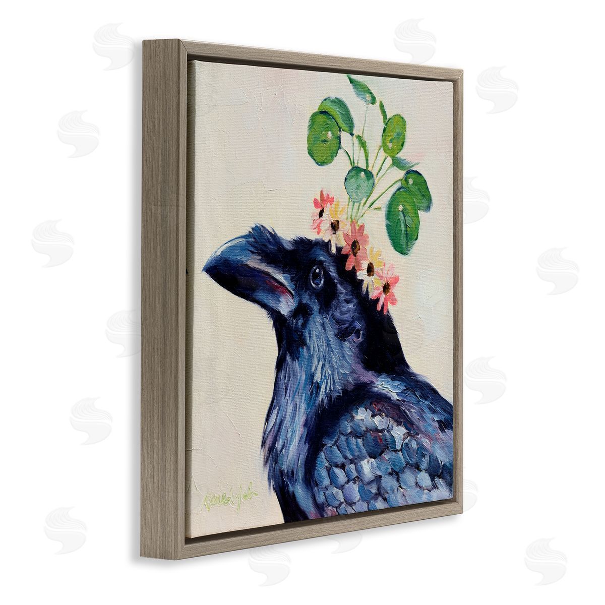 Karen Weber Fine Art Black Crow with Floral Crown Brown Floater Frame Canvas Art
