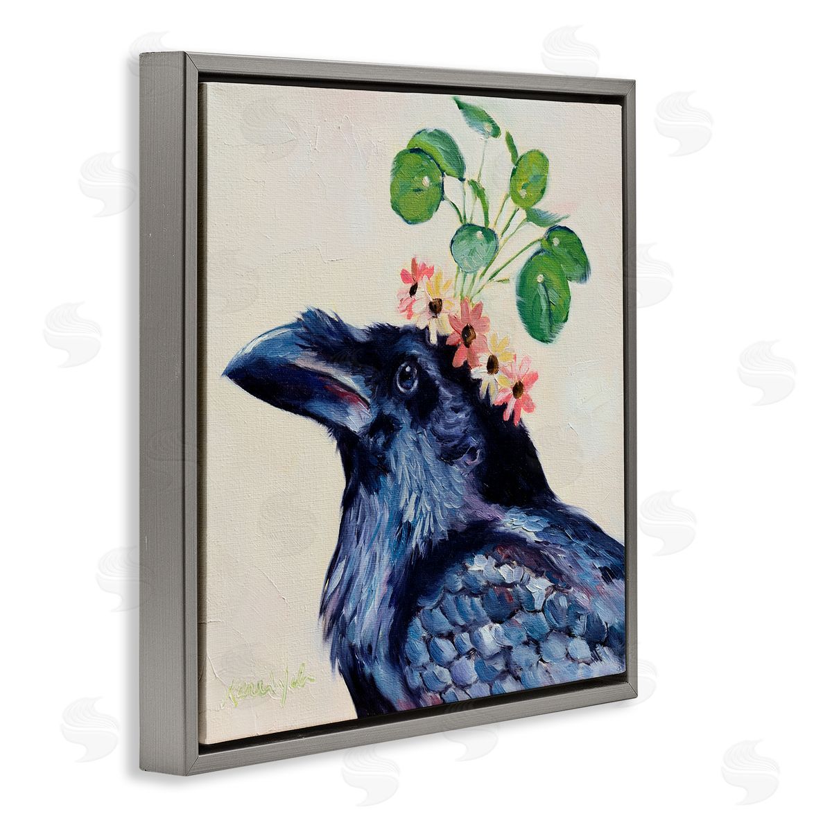 Karen Weber Fine Art Black Crow with Floral Crown Gray Floater Frame Canvas Art