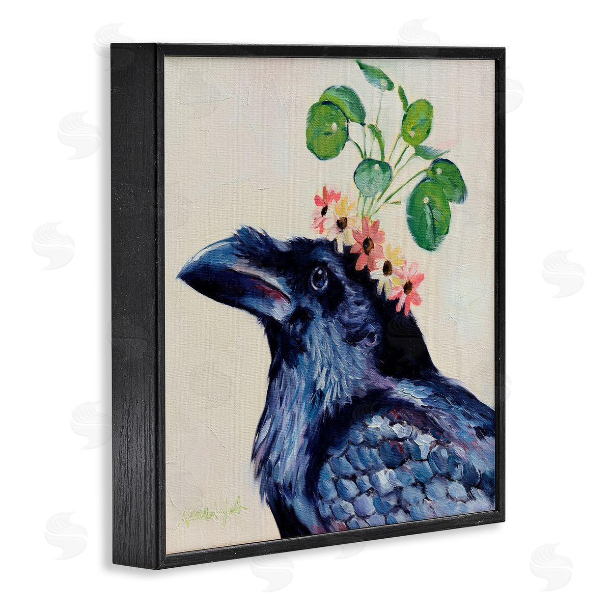 Karen Weber Fine Art Black Crow with Floral Crown Black Framed Giclee Wall Art