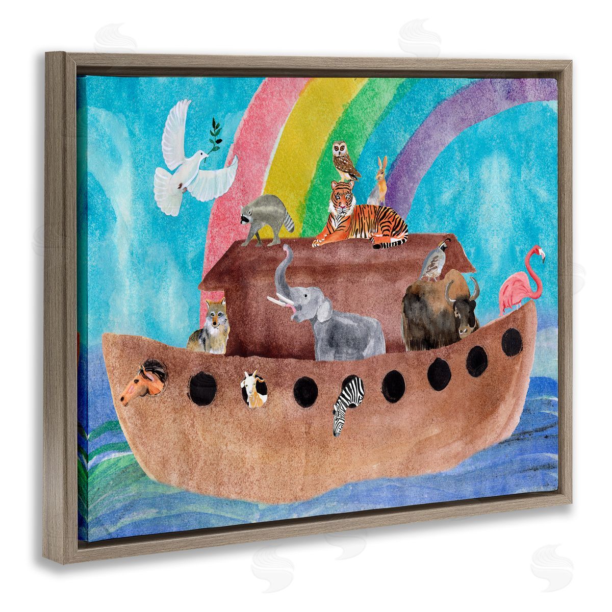 Alicia Ludwig Cute Animals Noah's Ark Rainbow Brown Floater Frame Canvas Art