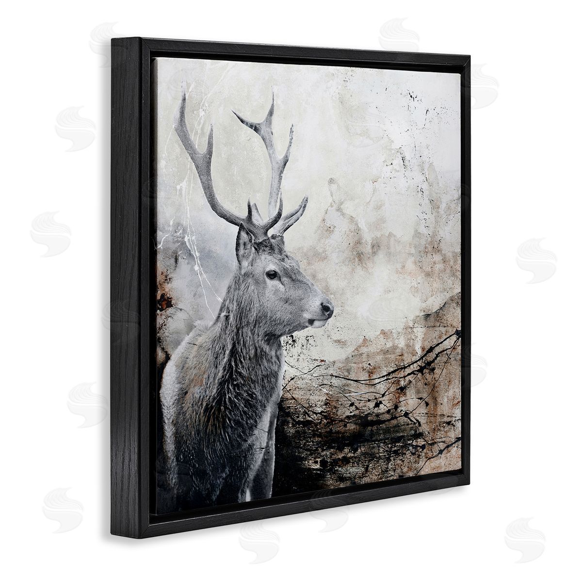 Design Fabrikken Elk Antler Rustic Abstract Landscape Black Floater Frame Canvas Art