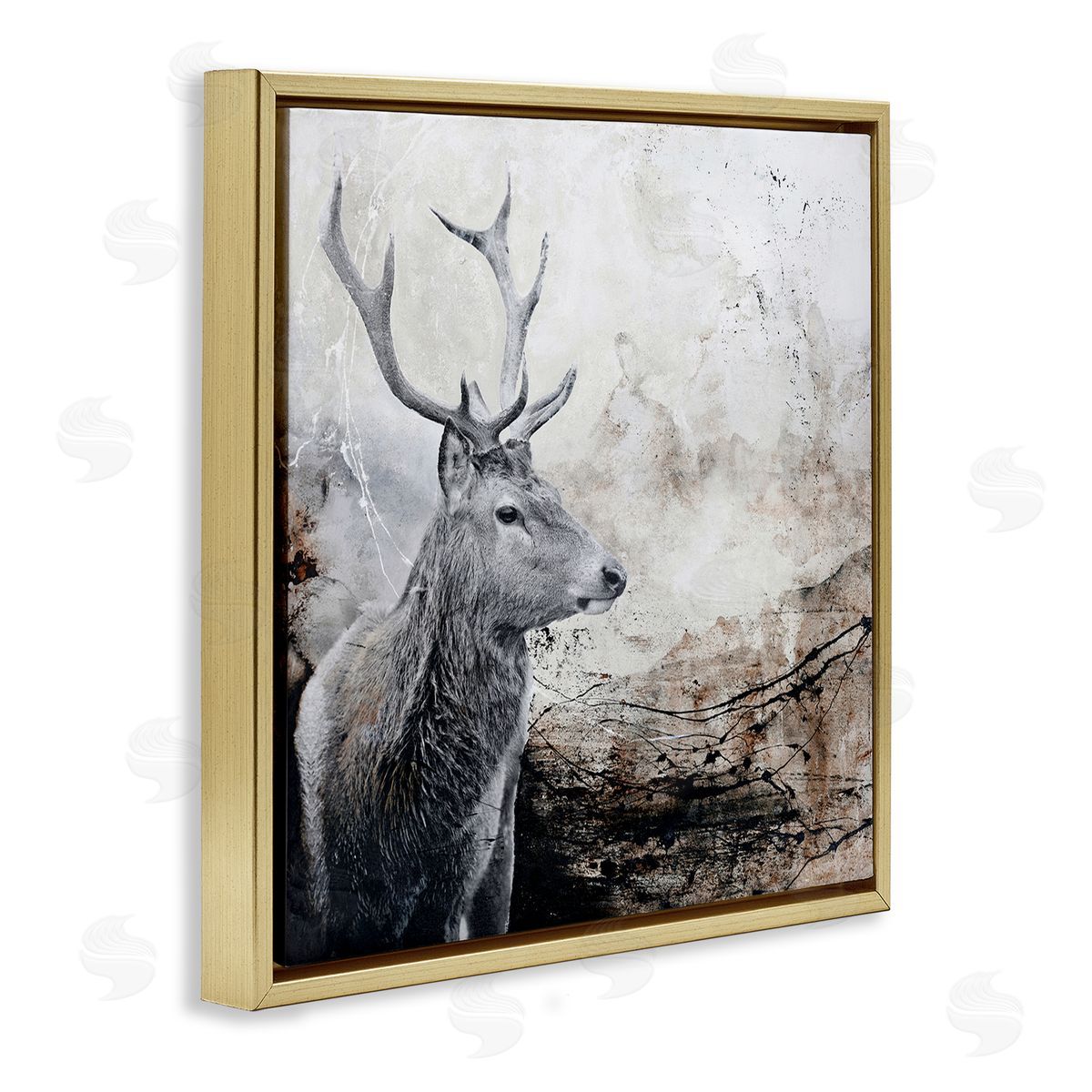 Design Fabrikken Elk Antler Rustic Abstract Landscape Gold Floater Frame Canvas Art