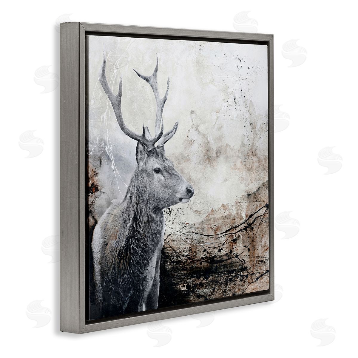 Design Fabrikken Elk Antler Rustic Abstract Landscape Gray Floater Frame Canvas Art