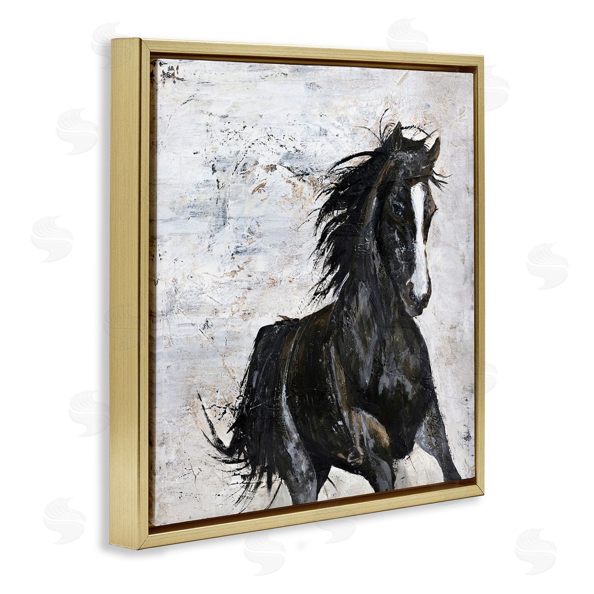 Wild Black Horse Galloping Gold Floating Frame Canvas Wall Art, Home Decor by Design Fabrikken