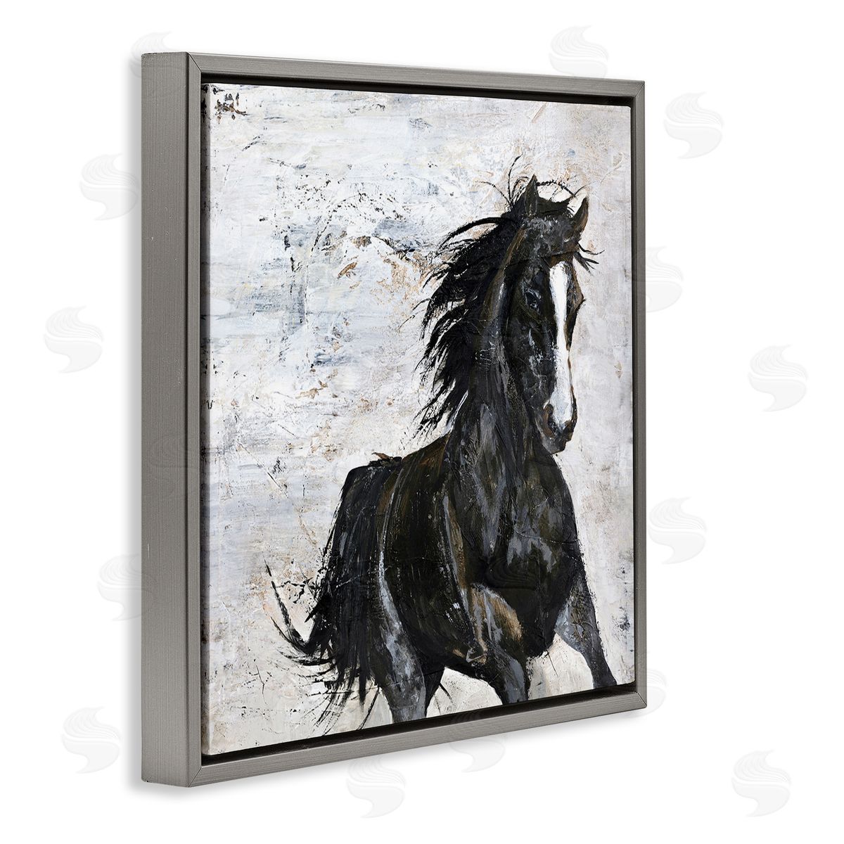 Wild Black Horse Galloping Grey Floating Frame Canvas Wall Art, Home Decor by Design Fabrikken