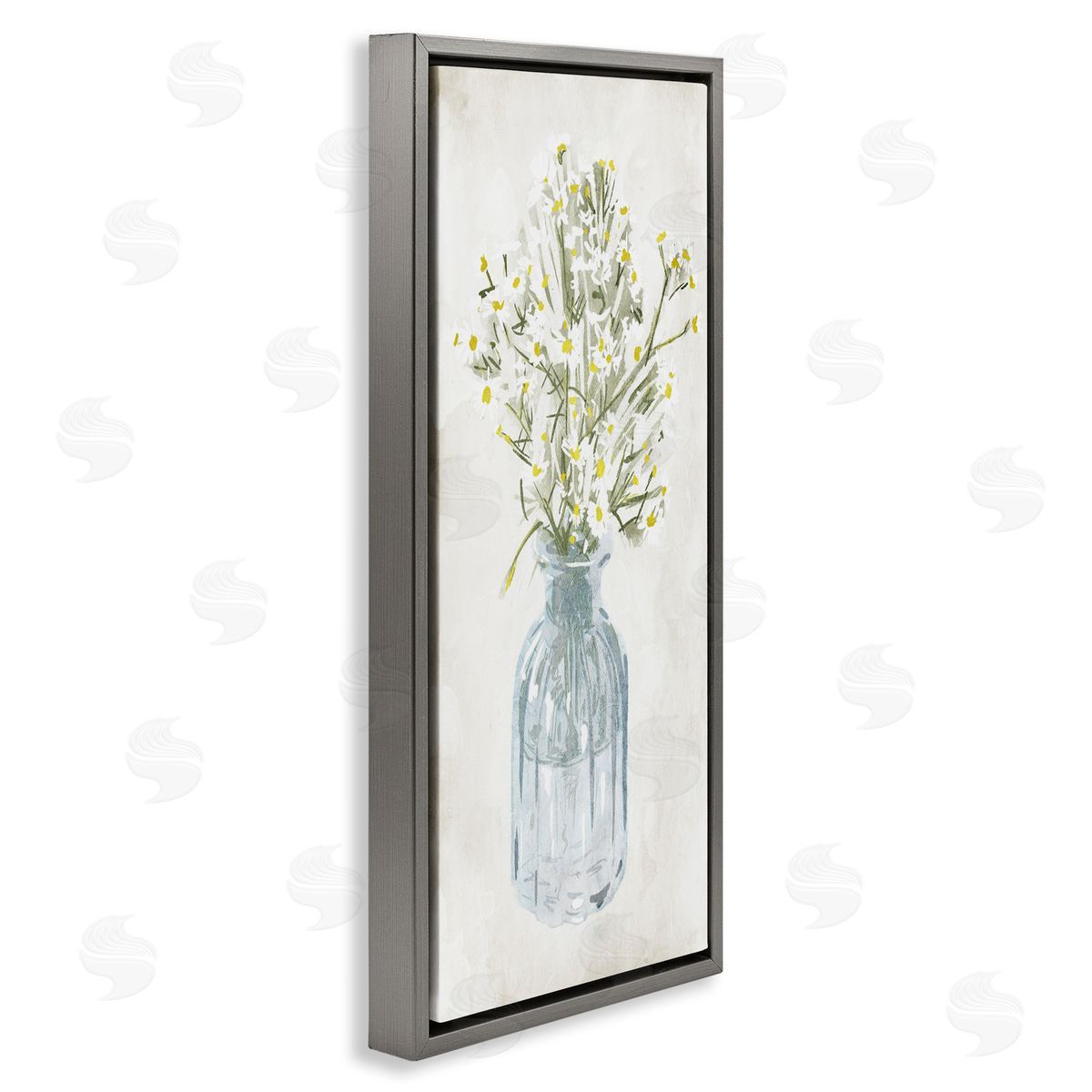 Quaint White Daisies in Jar Grey Floating Frame Canvas Wall Art, Home Decor by Milli Villa