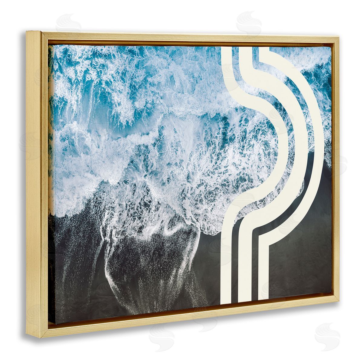 Stupell Studio Blue Beach Abstract White Arch Lines Gold Floater Frame Canvas Art