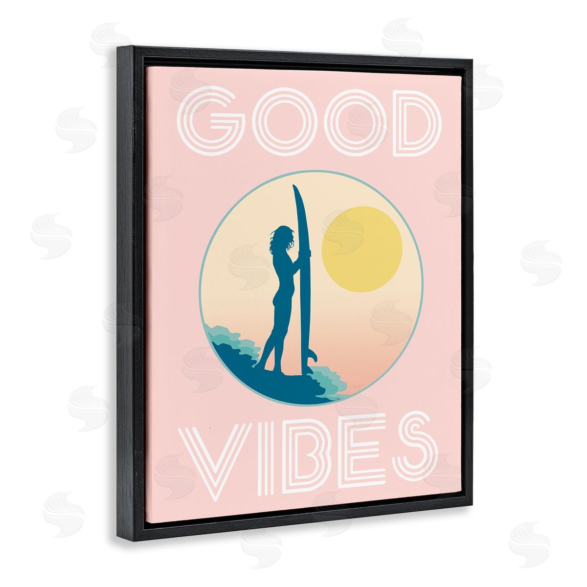 Stupell Studio Good Vibes Surfer Chick Sunrise Black Floater Frame Canvas Art