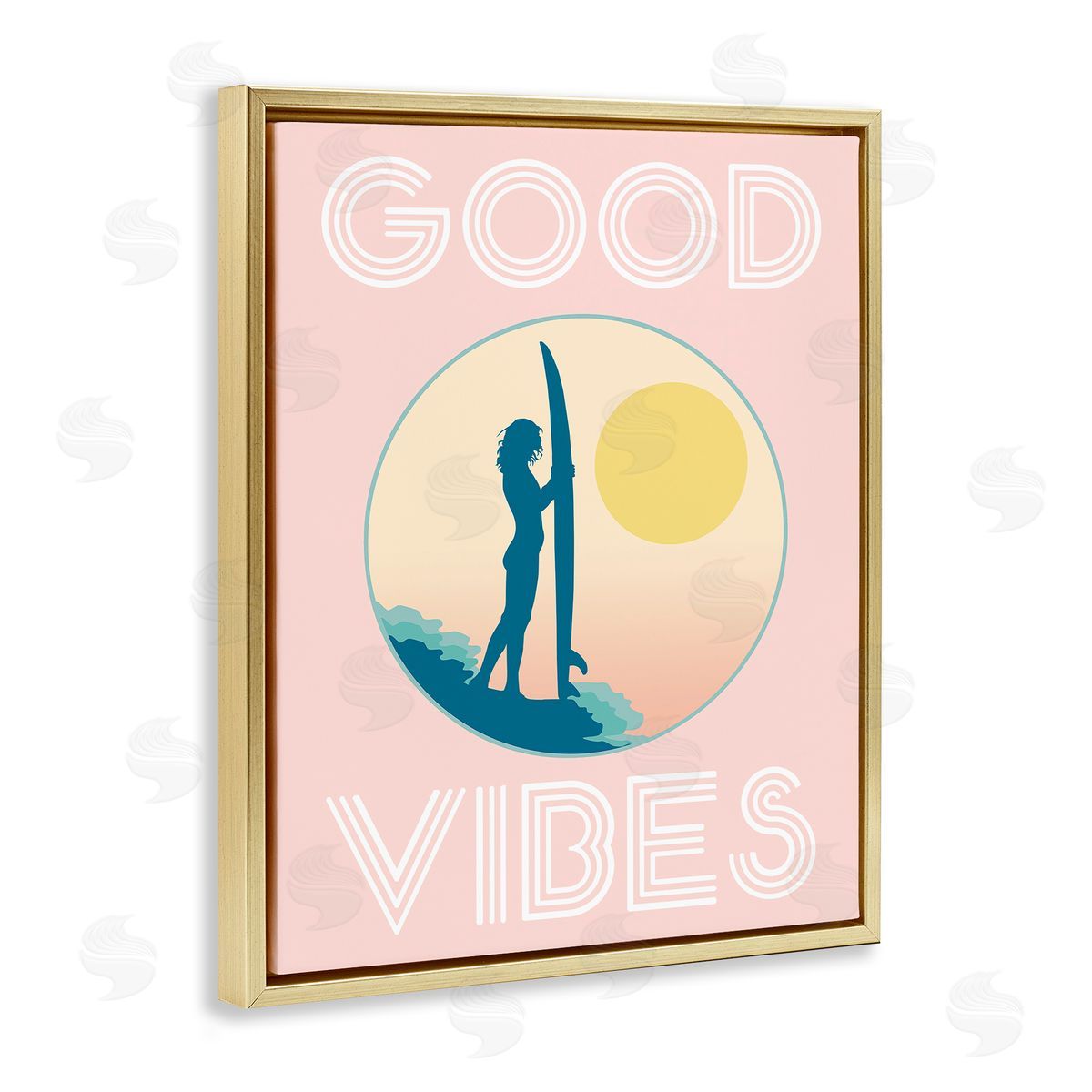 Stupell Studio Good Vibes Surfer Chick Sunrise Gold Floater Frame Canvas Art