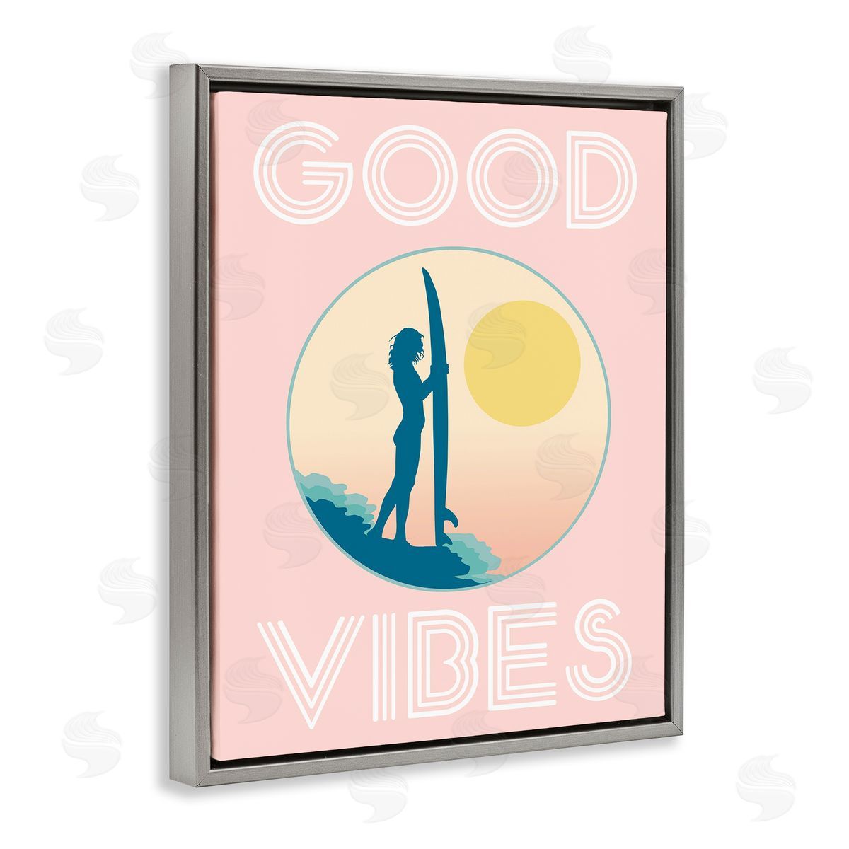 Stupell Studio Good Vibes Surfer Chick Sunrise Gray Floater Frame Canvas Art