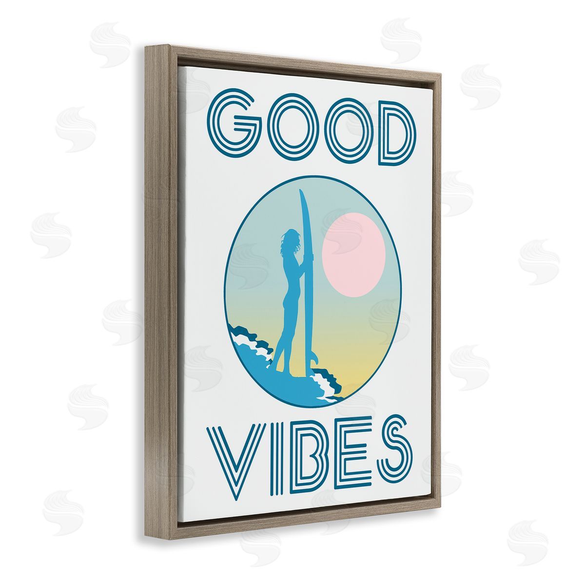 Stupell Studio Good Vibes Surfer Chick Sunset Brown Floater Frame Canvas Art