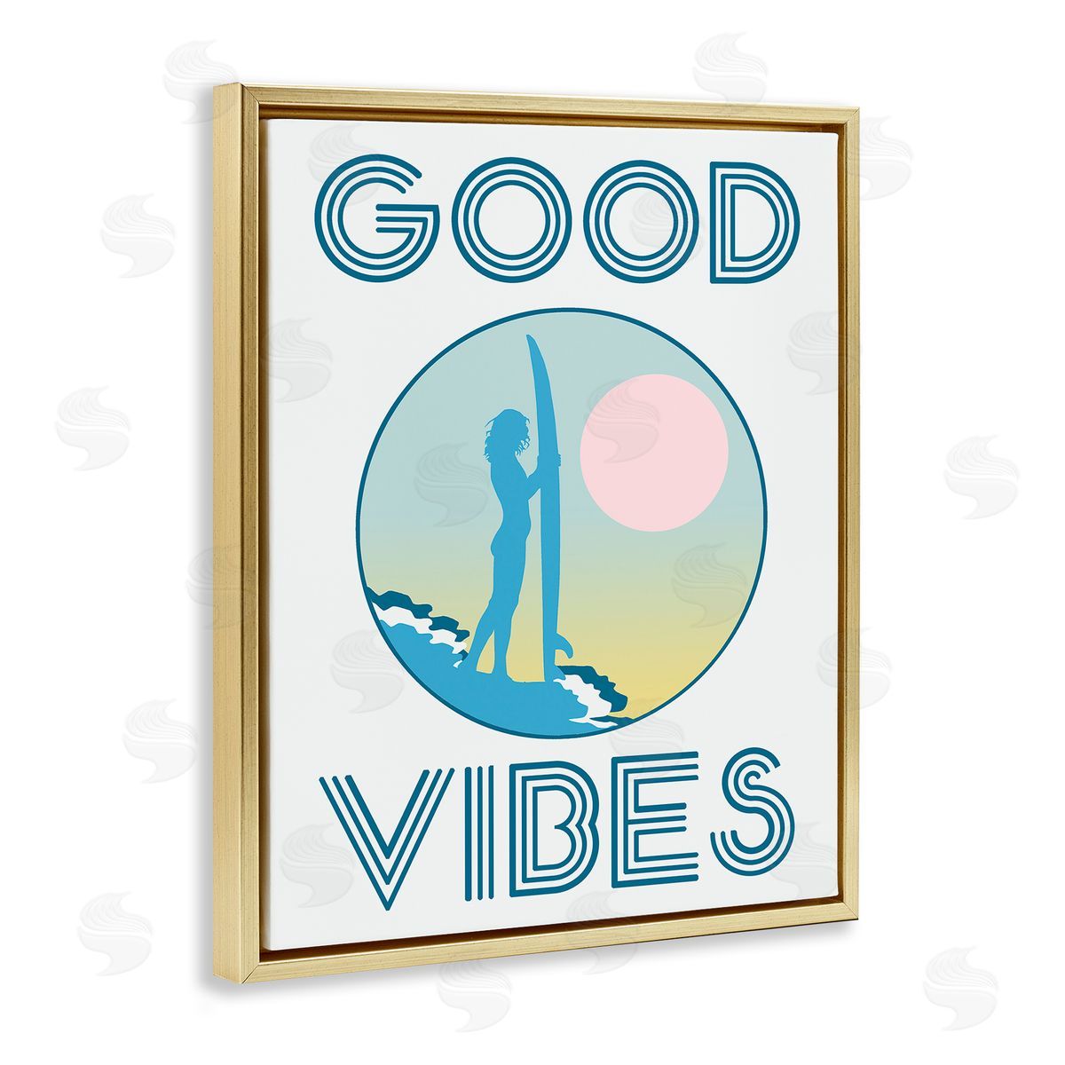 Stupell Studio Good Vibes Surfer Chick Sunset Gold Floater Frame Canvas Art