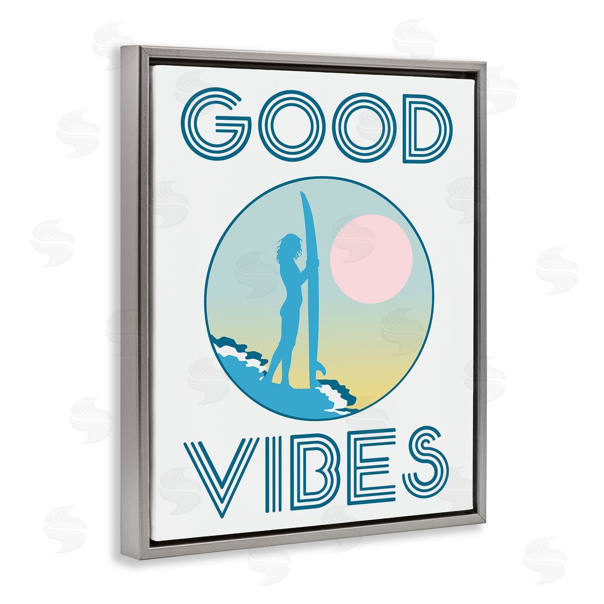 Stupell Studio Good Vibes Surfer Chick Sunset Gray Floater Frame Canvas Art
