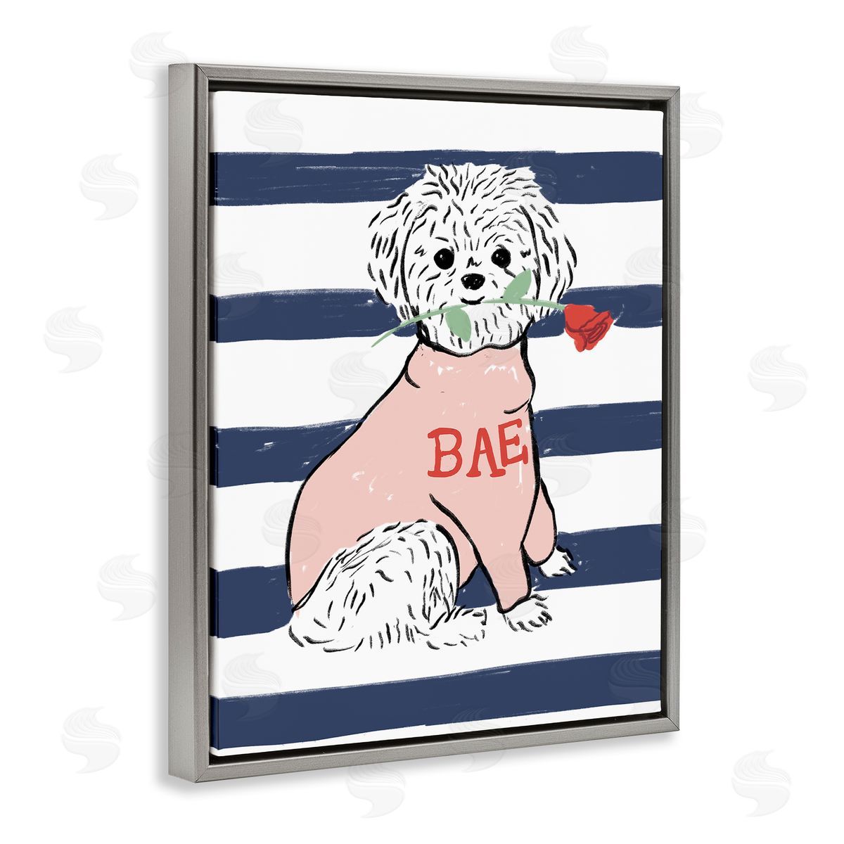 Stupell Studio Romantic Bichon Puppy Pink Sweater Gray Floater Frame Canvas Art