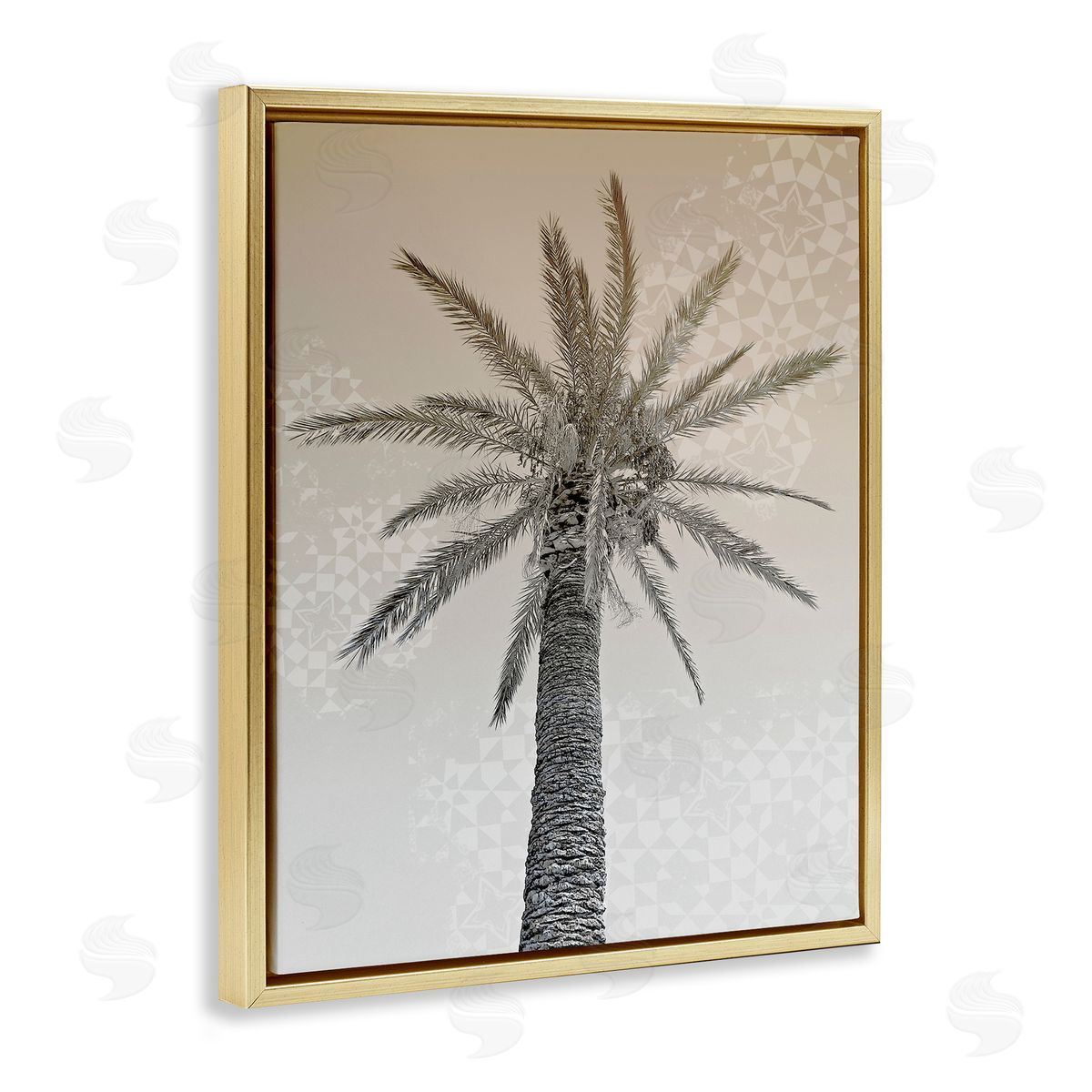 Stupell Studio Sepia Palm Tree Geometric Pattern Gold Floater Frame Canvas Art
