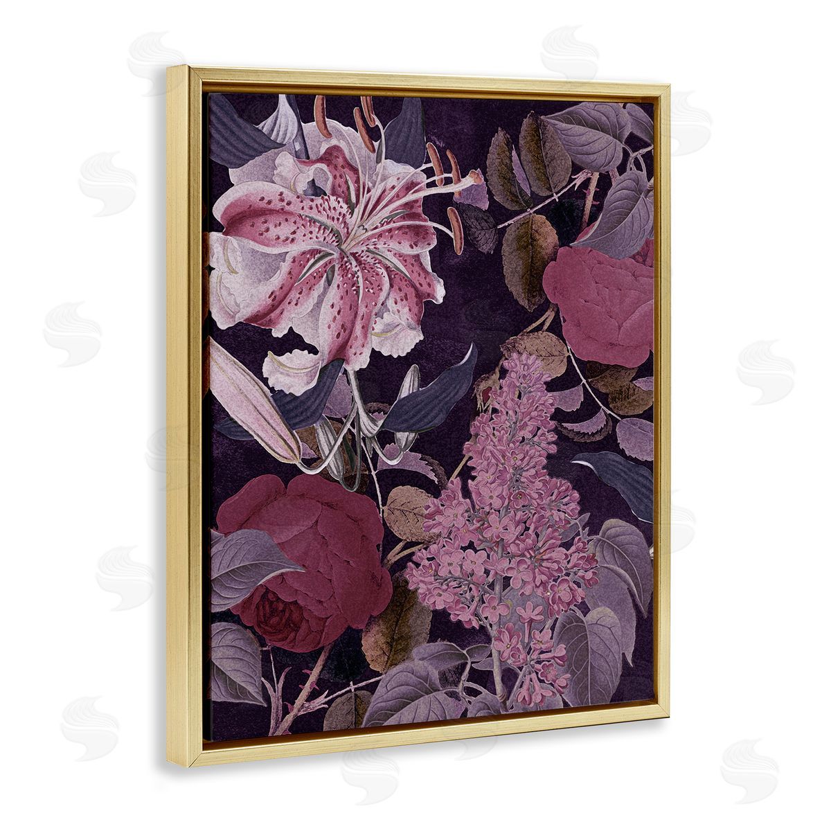 Stupell Studio Vintage Purple Bohemian Floral Illustration Gold Floater Frame Canvas Art