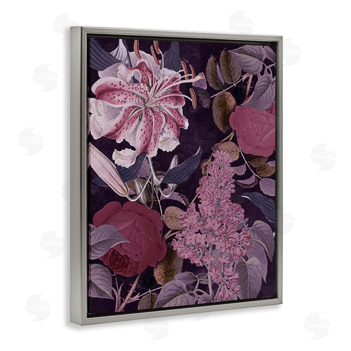 Stupell Studio Vintage Purple Bohemian Floral Illustration Gray Floater Frame Canvas Art