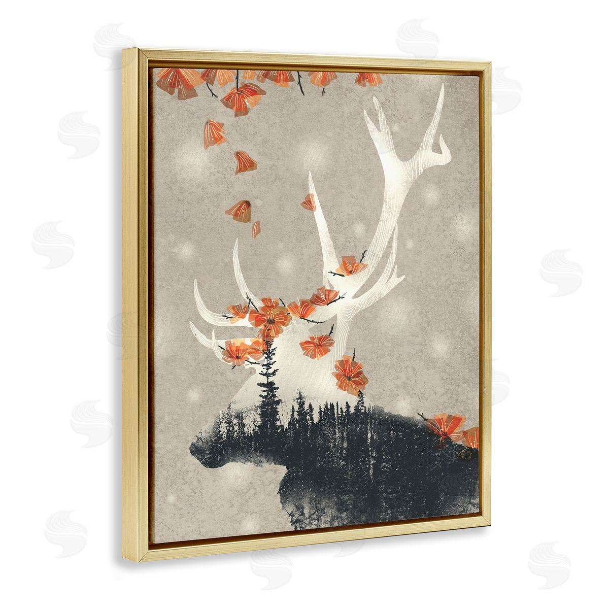 Ziwei Li Forest Elk Silhouette Orange Florals Gold Floater Frame Canvas Art