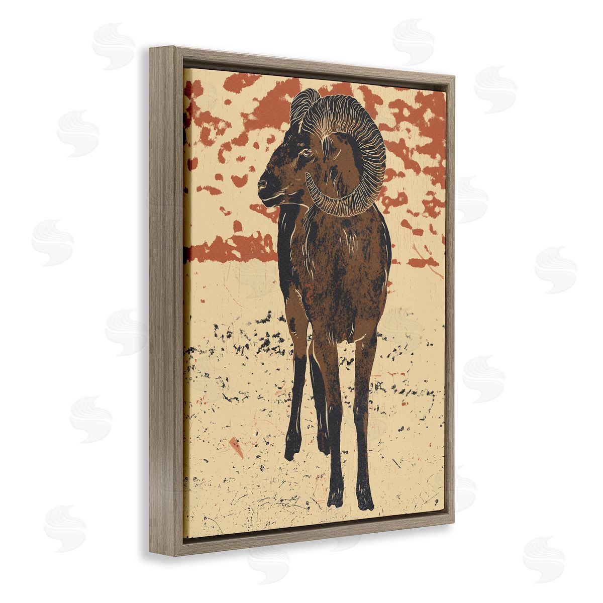 Ziwei Li Abstract Vintage Ram Animal Horns Brown Floater Frame Canvas Art